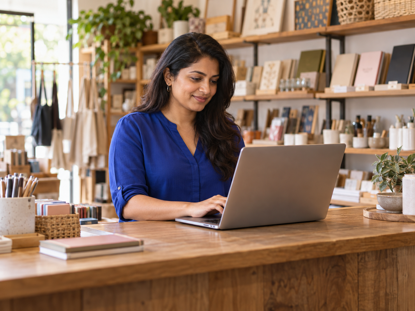 Illustrative image of an Indian shop owner working on a laptop at her counter